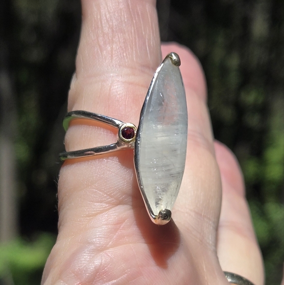 Moonstone 14k & garnet sterling ring sz9 - Picture 6 of 12